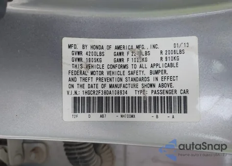 2013 Honda Accord Lx z USA, uszkodzony, nr VIN 1HGCR2F38DA108934